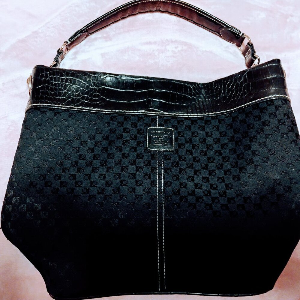 Liz Claiborne Tote purse, 1990's vintage, Black, Jacquard print, vegan leather